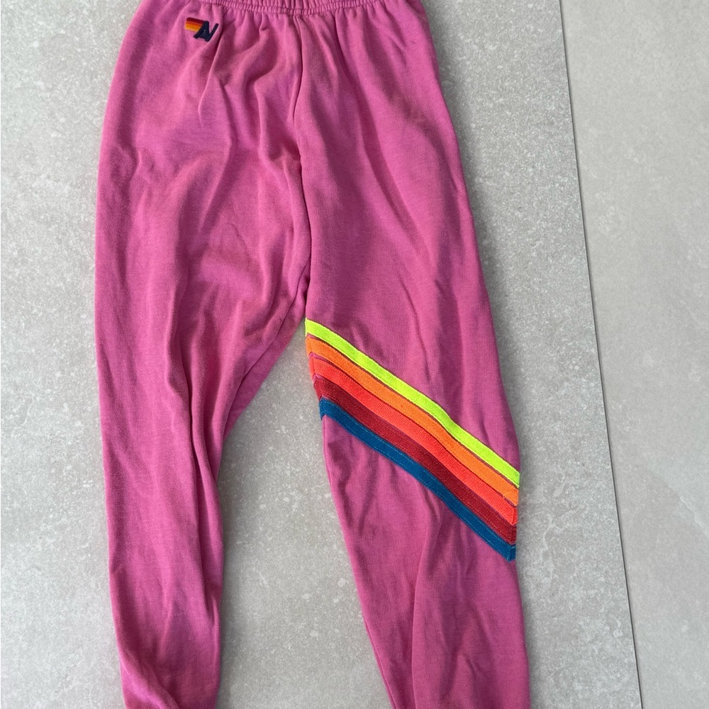 Aviator Nation Pink Joggers with Rainbow Stripes